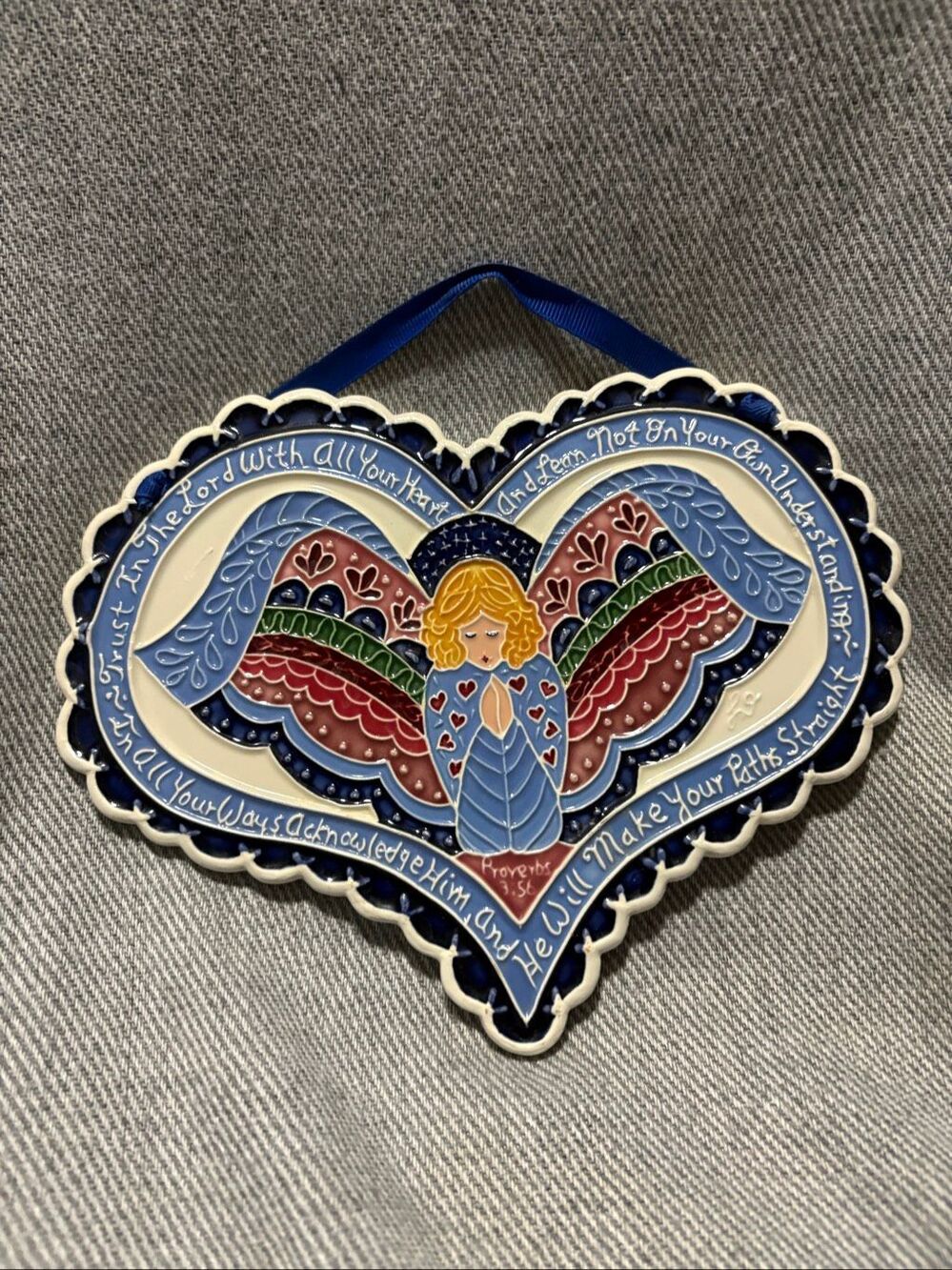 Vintage J Duban Designs Angel Heart Wall Hanging Tile Proverbs 3:5-6 1987